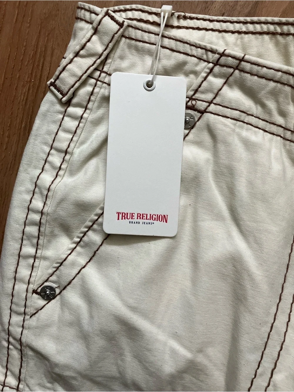 True Religion Winter White Cargo Pants with Brown Stitching
